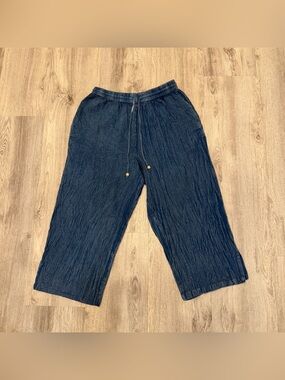 Raya‎ Sun Linen Cotton Wide Leg Crop Pants Navy Blue Size Medium